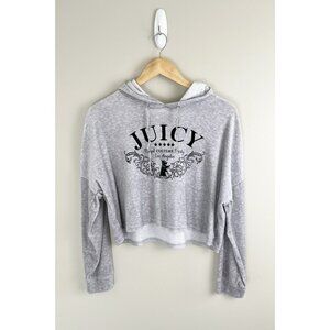 Juicy Couture Velour Cropped Hoodie Women’s/Juniors Sz L Gray‎ Spellout Graphic
